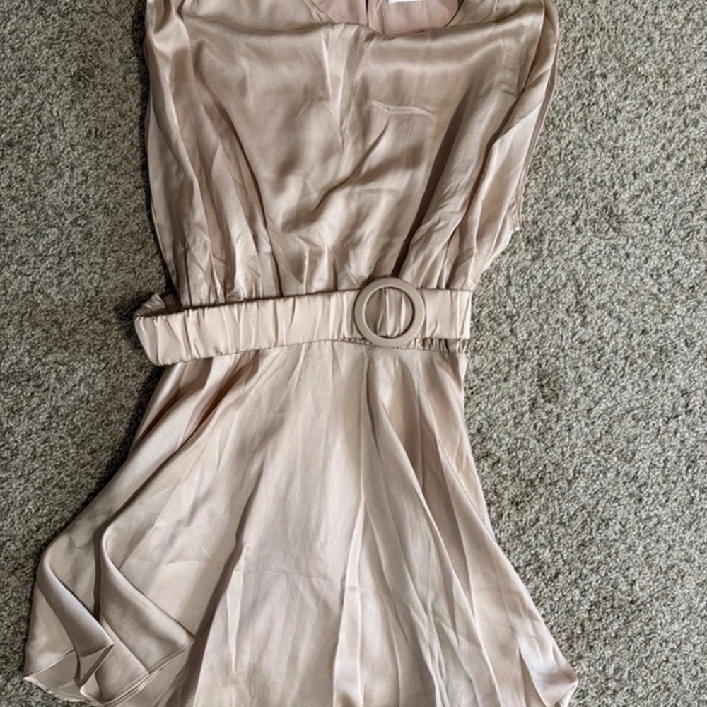 Tahari Strapless Blush-Tone Satin Slip Dress with Belt